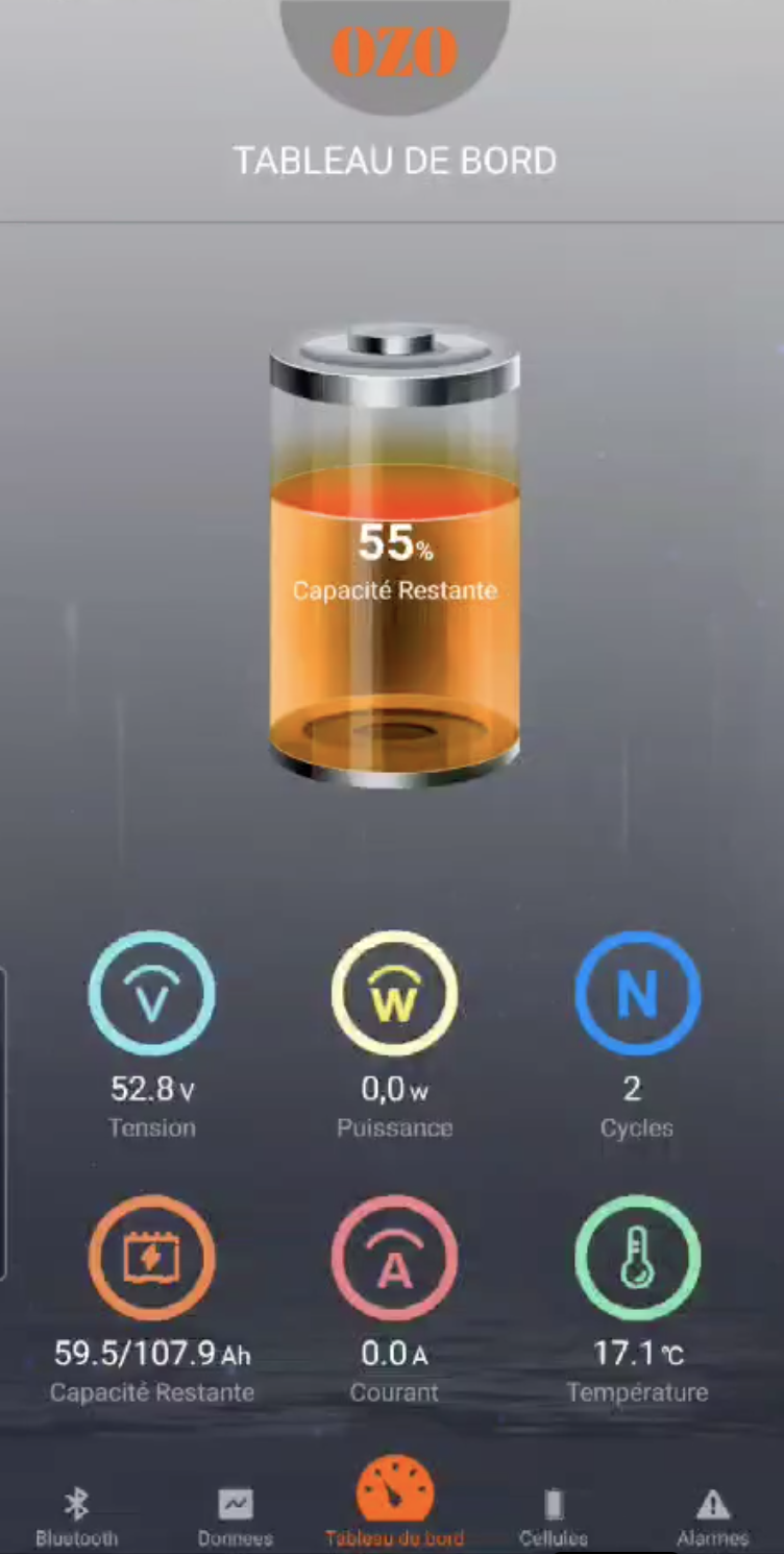 Application OZO Batteries - écran principal